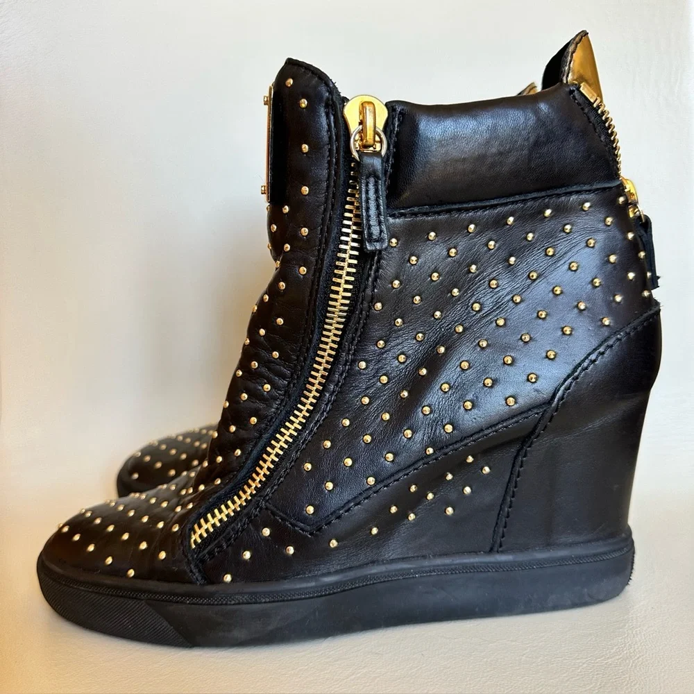 Giuseppe Zanotti Wedge Sneaker Black Leather Gold Studded Boots Heels 39.5 9